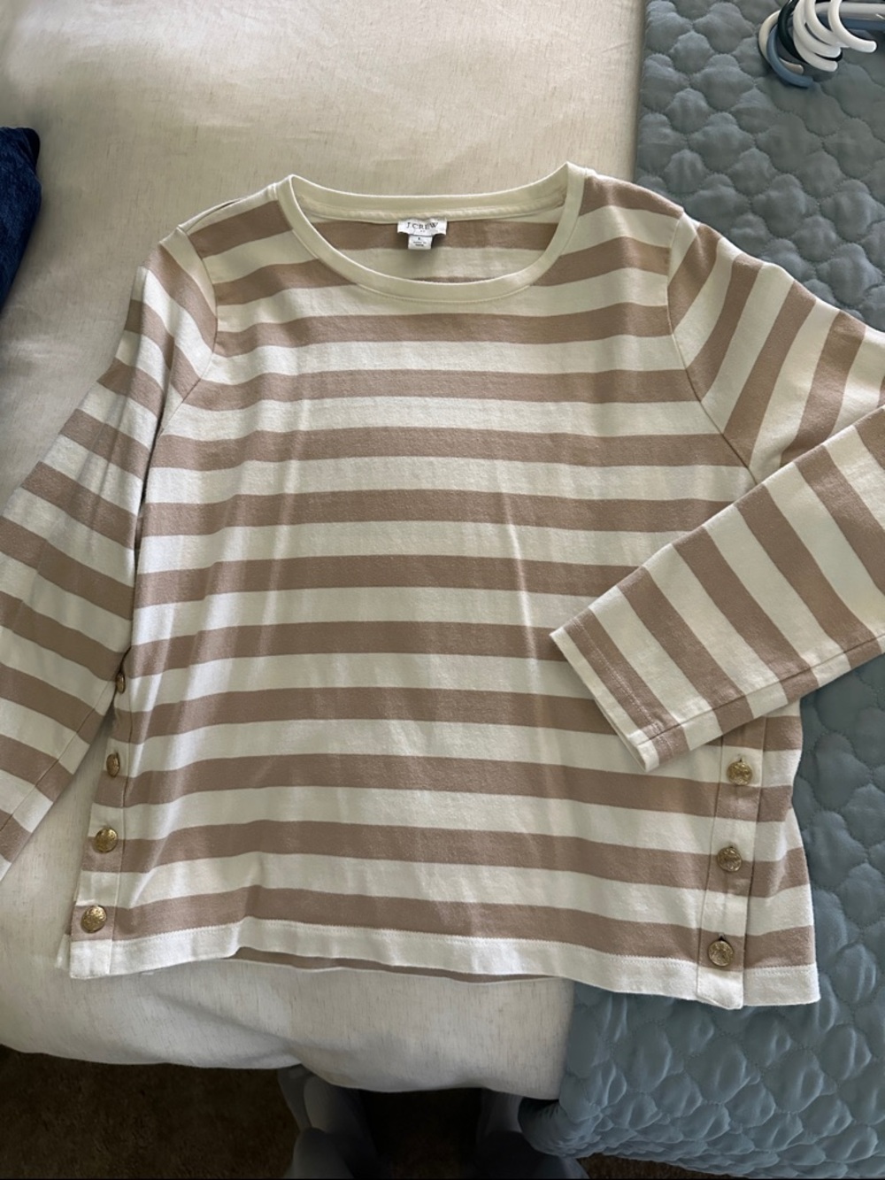 J Crew Cream Striped Top with Gold Studs